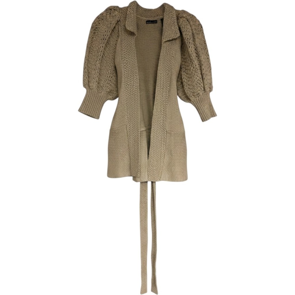 Moda International Wool Blend Puff Sleeve Cable Knit Cardigan Taupe Small